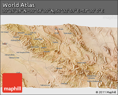 Satellite 3D Map of the Area around 30° 42' 29" N, 57° 1' 29" E