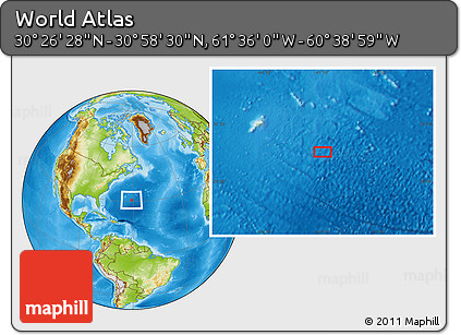 Physical Location Map of the Area around 30° 42' 29" N, 61° 7' 30" W