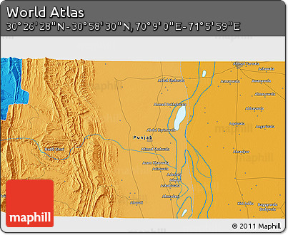 Political 3D Map of the Area around 30° 42' 29" N, 70° 37' 30" E