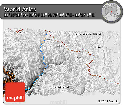 Physical 3D Map of the Area around 30° 42' 29" N, 79° 58' 29" E