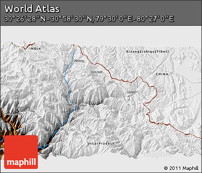 Physical 3D Map of the Area around 30° 42' 29" N, 79° 58' 29" E