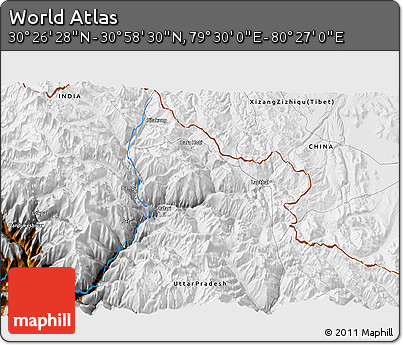 Physical 3D Map of the Area around 30° 42' 29" N, 79° 58' 29" E