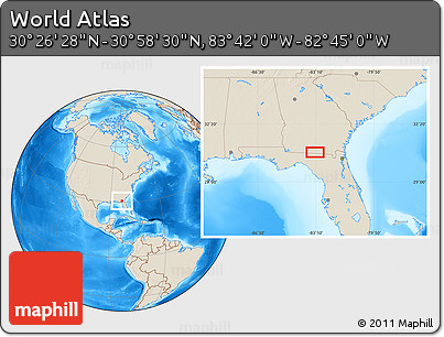 Shaded Relief Location Map of the Area around 30° 42' 29" N, 83° 13' 29" W