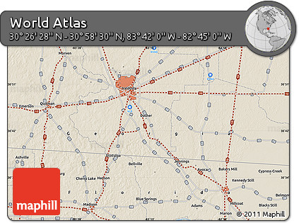 Shaded Relief Map of the Area around 30° 42' 29" N, 83° 13' 29" W