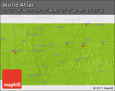 Physical 3D Map of the Area around 30° 42' 29" N, 85° 46' 30" W