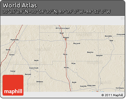 Shaded Relief 3D Map of the Area around 30° 42' 29" N, 89° 10' 30" W