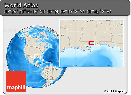 Shaded Relief Location Map of the Area around 30° 42' 29" N, 89° 10' 30" W