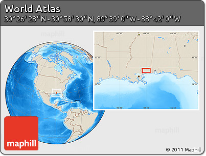 Shaded Relief Location Map of the Area around 30° 42' 29" N, 89° 10' 30" W