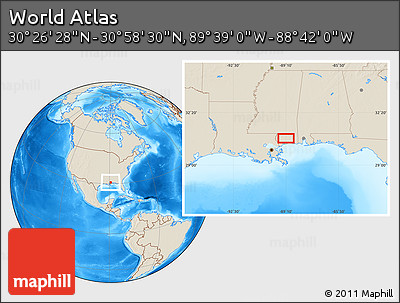 Shaded Relief Location Map of the Area around 30° 42' 29" N, 89° 10' 30" W