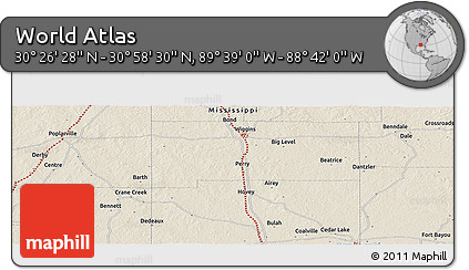 Shaded Relief Panoramic Map of the Area around 30° 42' 29" N, 89° 10' 30" W
