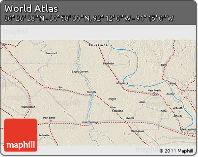 Shaded Relief 3D Map of the Area around 30° 42' 29" N, 91° 43' 29" W