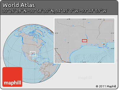 Gray Location Map of the Area around 30° 42' 29" N, 94° 16' 30" W, hill shading