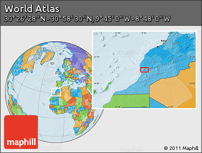 Political Location Map of the Area around 30° 42' 29" N, 9° 16' 30" W