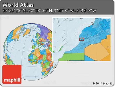 Political Location Map of the Area around 30° 42' 29" N, 9° 16' 30" W