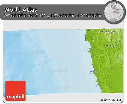 Physical 3D Map of the Area around 30° 23' 20" S, 114° 49' 29" E