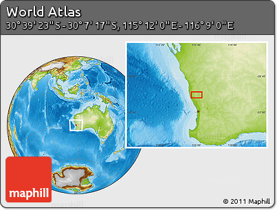 Physical Location Map of the Area around 30° 23' 20" S, 115° 40' 30" E