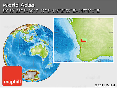 Physical Location Map of the Area around 30° 23' 20" S, 116° 31' 30" E