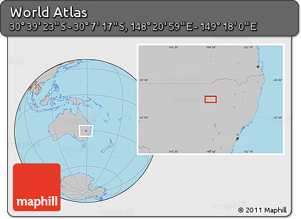 Gray Location Map of the Area around 30° 23' 20" S, 148° 49' 29" E