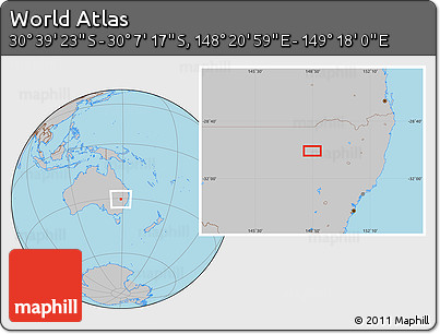 Gray Location Map of the Area around 30° 23' 20" S, 148° 49' 29" E