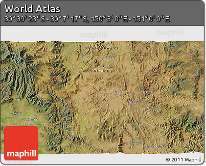 Satellite 3D Map of the Area around 30° 23' 20" S, 150° 31' 30" E