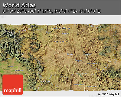 Satellite 3D Map of the Area around 30° 23' 20" S, 150° 31' 30" E