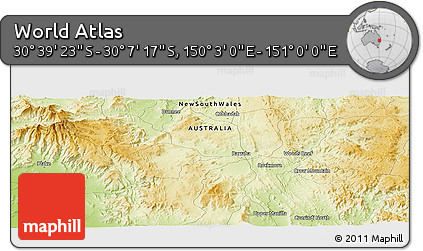 Physical Panoramic Map of the Area around 30° 23' 20" S, 150° 31' 30" E