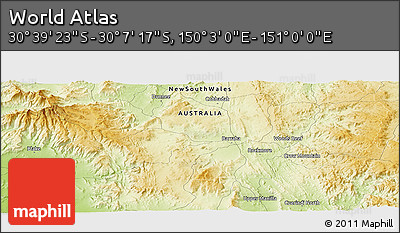 Physical Panoramic Map of the Area around 30° 23' 20" S, 150° 31' 30" E