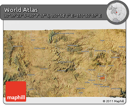 Satellite 3D Map of the Area around 30° 23' 20" S, 151° 22' 30" E