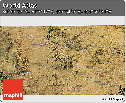 Satellite 3D Map of the Area around 30° 23' 20" S, 151° 22' 30" E