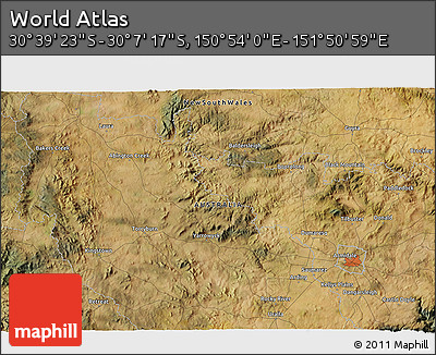Satellite 3D Map of the Area around 30° 23' 20" S, 151° 22' 30" E