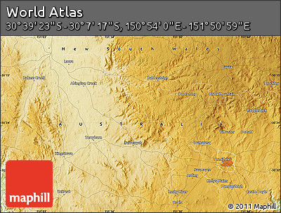 Physical Map of the Area around 30° 23' 20" S, 151° 22' 30" E