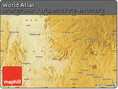 Physical Map of the Area around 30° 23' 20" S, 151° 22' 30" E