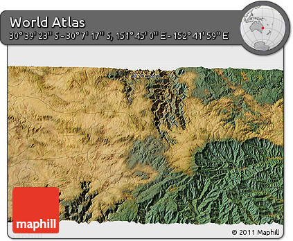 Satellite 3D Map of the Area around 30° 23' 20" S, 152° 13' 29" E