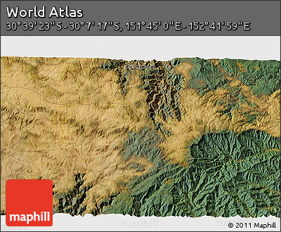 Satellite 3D Map of the Area around 30° 23' 20" S, 152° 13' 29" E