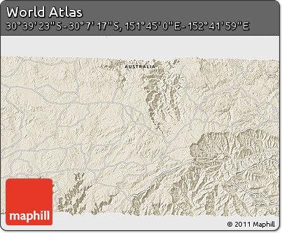 Shaded Relief 3D Map of the Area around 30° 23' 20" S, 152° 13' 29" E