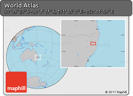 Gray Location Map of the Area around 30° 23' 20" S, 152° 13' 29" E