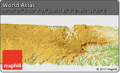 Physical Panoramic Map of the Area around 30° 23' 20" S, 152° 13' 29" E