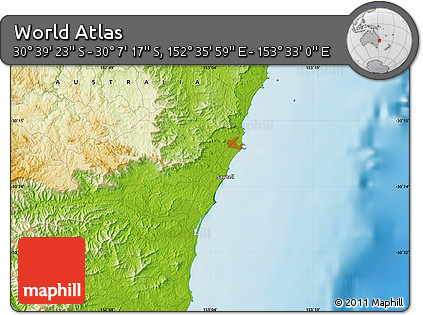 Physical Map of the Area around 30° 23' 20" S, 153° 4' 29" E