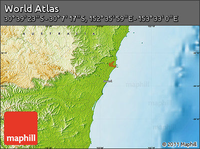 Physical Map of the Area around 30° 23' 20" S, 153° 4' 29" E
