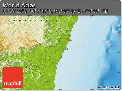 Physical Map of the Area around 30° 23' 20" S, 153° 4' 29" E