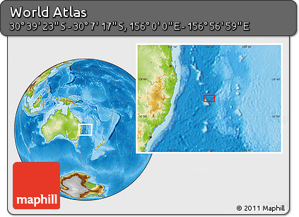 Physical Location Map of the Area around 30° 23' 20" S, 156° 28' 29" E