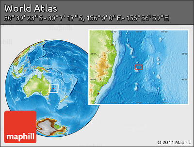 Physical Location Map of the Area around 30° 23' 20" S, 156° 28' 29" E