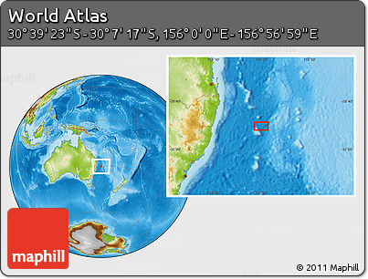 Physical Location Map of the Area around 30° 23' 20" S, 156° 28' 29" E