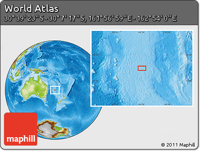 Physical Location Map of the Area around 30° 23' 20" S, 162° 25' 30" E