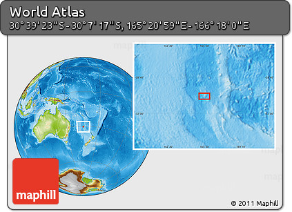 Physical Location Map of the Area around 30° 23' 20" S, 165° 49' 29" E