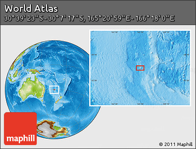 Physical Location Map of the Area around 30° 23' 20" S, 165° 49' 29" E