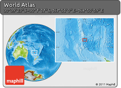 Physical Location Map of the Area around 30° 23' 20" S, 168° 22' 30" E