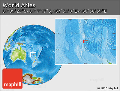 Physical Location Map of the Area around 30° 23' 20" S, 168° 22' 30" E