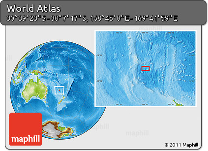 Physical Location Map of the Area around 30° 23' 20" S, 169° 13' 29" E