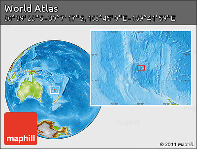 Physical Location Map of the Area around 30° 23' 20" S, 169° 13' 29" E